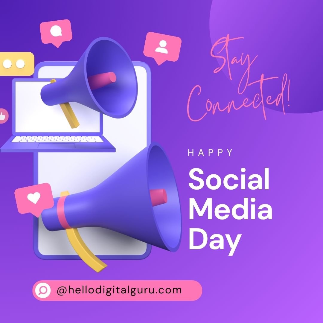 Social Media Day poster with megaphone and digital icons by Hello Digital Guru