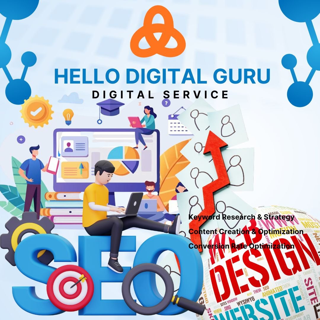 Website Design & SEO Services banner by Hello Digital Guru with business growth visuals